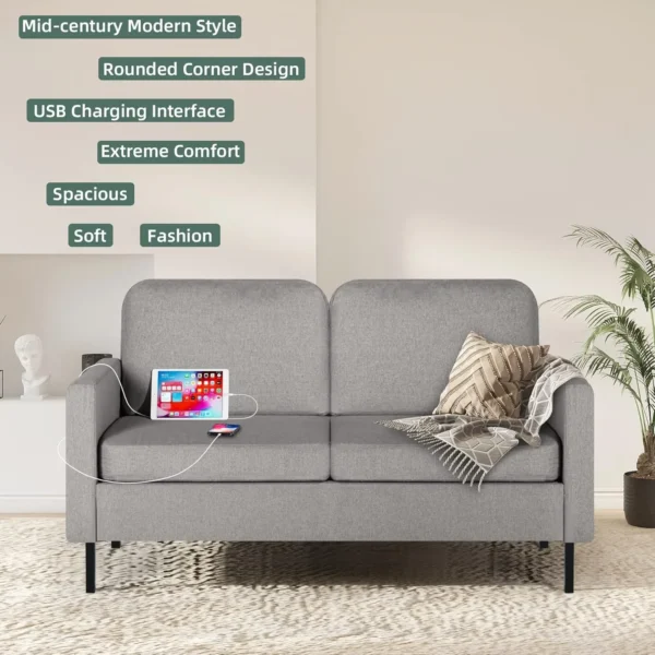 56" W Fabric Loveseat Sofa with 2 USB, Small Couches for Living Room, Bedroom, Office, Easy Assembly & Comfy Cushion, Light Grey - Image 5