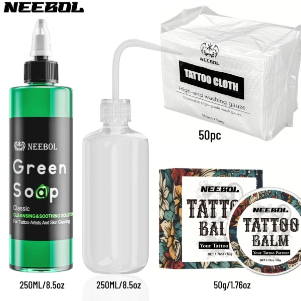 Neebol Green Soap 8.5oz Tattoo Soap with Squeeze Bottle, Tattoo Wipes Cleasing Cloth, Tattoo Balm Cream for Vibrant Color, Gift