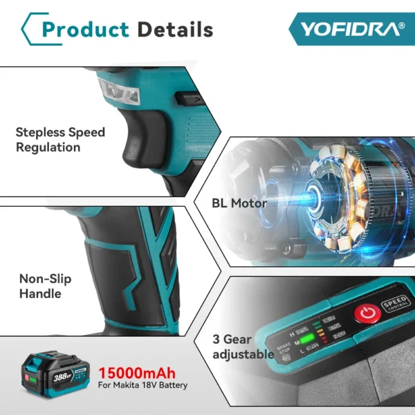 YOFIDRA 1000N.m Brushless Electric Impact Wrench High Torque 1/2 inch Screwdriver Wrench Drill Socket Set for Makita 18V Battery - Image 5