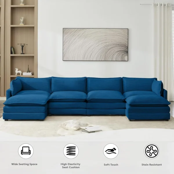 Comfy Cloud Couches Sectional Sofa, Corduroy Sectional Sofas Couches with 2 Movable Ottoman for Living Room(Navy, U Shape)