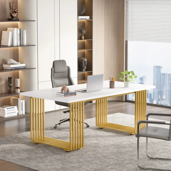 Tribesigns 70.9" Modern Office Desk, Wooden Computer Desk, White Executive Desk with Gold Metal Legs, Small Conference Table - Image 3