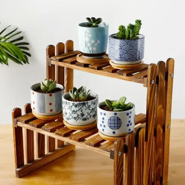 Flower Pot with Bamboo Tray Japanese Style Ceramic Lot Mini Cement Succulent Bonsai Planter Garden Decor Office Home Plant - Image 2