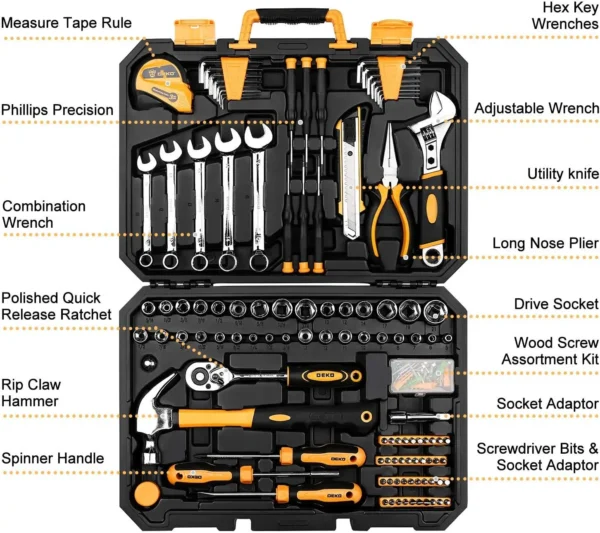 DEKO 158 Piece Tool Set-General Household Hand Tool Kit,Auto Repair Tool Set, with Plastic Toolbox Storage Case - Image 2