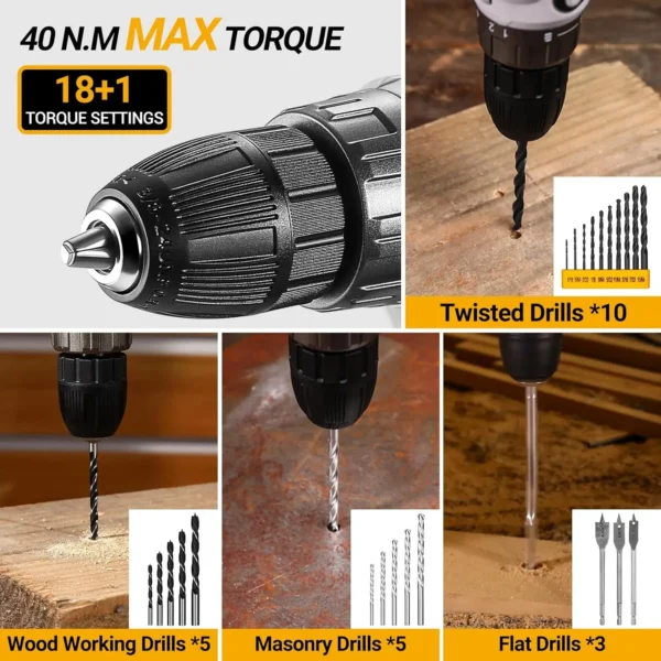 DEKO Cordless Drill Tool Kit Set: 20V Power Drill Tool Box with Battery Electric Drill Driver - Image 5