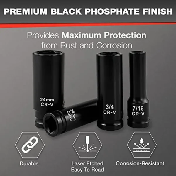 29pcs 1/2" Drive Deep Impact Socket Set with Extension Bar SAE Metric High Quality Chrome Vanadium Steel Rust Prevention - Image 3