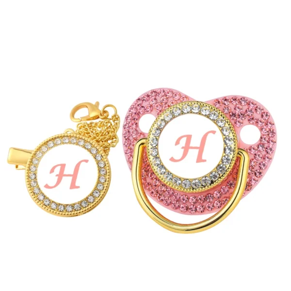 New Newborn Pacifiers for Babies Pink Rhinestones Personalized Pacifier Clip Lid Set 26 Name Initials Infant Nipple Teether Gift - Image 6