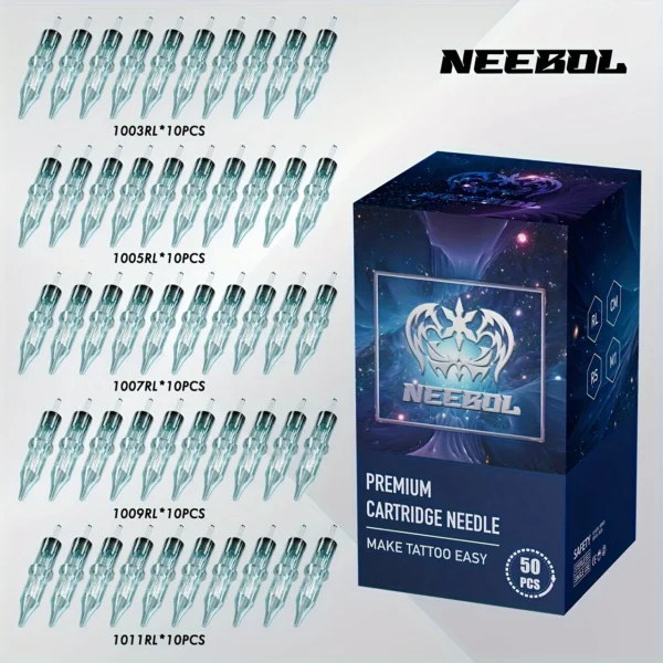 50pcs Neebol Tattoo Cartridge Needles, Disposable Mixed Size Tattoo Needle, Replaceable Standard Round Liner For Tattoo Supplies