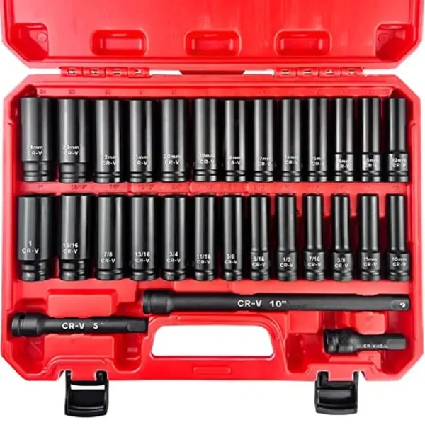 29pcs 1/2" Drive Deep Impact Socket Set with Extension Bar SAE Metric High Quality Chrome Vanadium Steel Rust Prevention