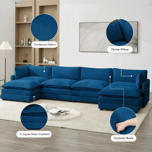 Comfy Cloud Couches Sectional Sofa, Corduroy Sectional Sofas Couches with 2 Movable Ottoman for Living Room(Navy, U Shape) - Image 4