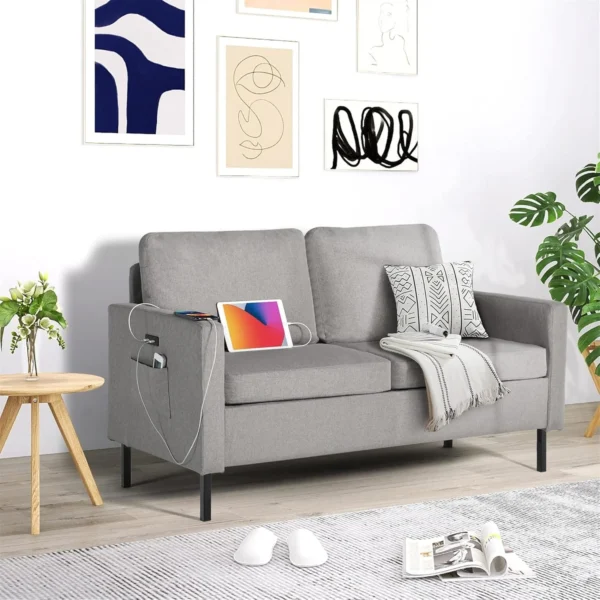 56" W Fabric Loveseat Sofa with 2 USB, Small Couches for Living Room, Bedroom, Office, Easy Assembly & Comfy Cushion, Light Grey - Image 2