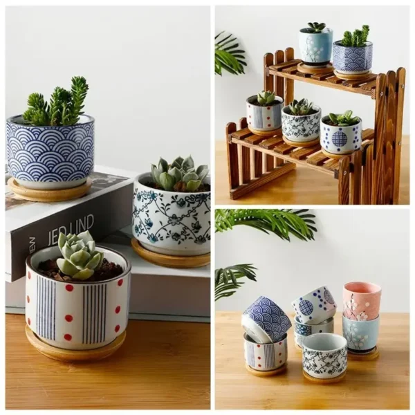 Flower Pot with Bamboo Tray Japanese Style Ceramic Lot Mini Cement Succulent Bonsai Planter Garden Decor Office Home Plant - Image 3