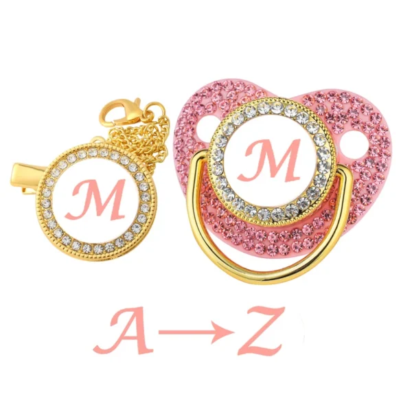 New Newborn Pacifiers for Babies Pink Rhinestones Personalized Pacifier Clip Lid Set 26 Name Initials Infant Nipple Teether Gift - Image 2