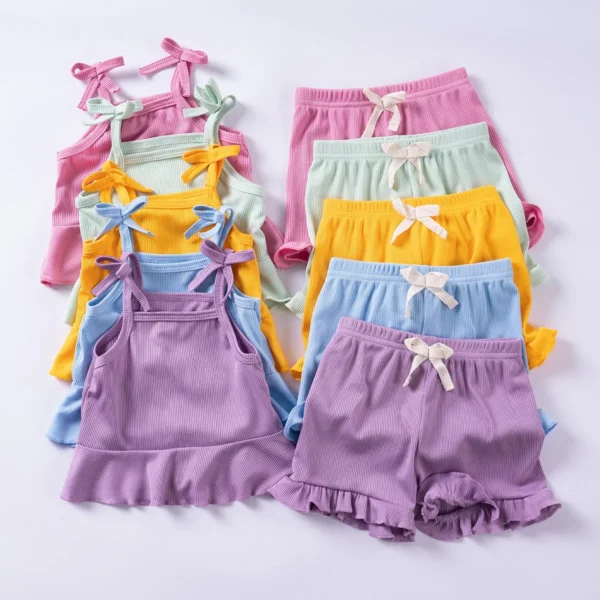 Summer children's set,bow decorated suspender with ruffled edge top, comfortable shorts, soft and comfortable fabric casual set