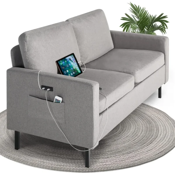 56" W Fabric Loveseat Sofa with 2 USB, Small Couches for Living Room, Bedroom, Office, Easy Assembly & Comfy Cushion, Light Grey