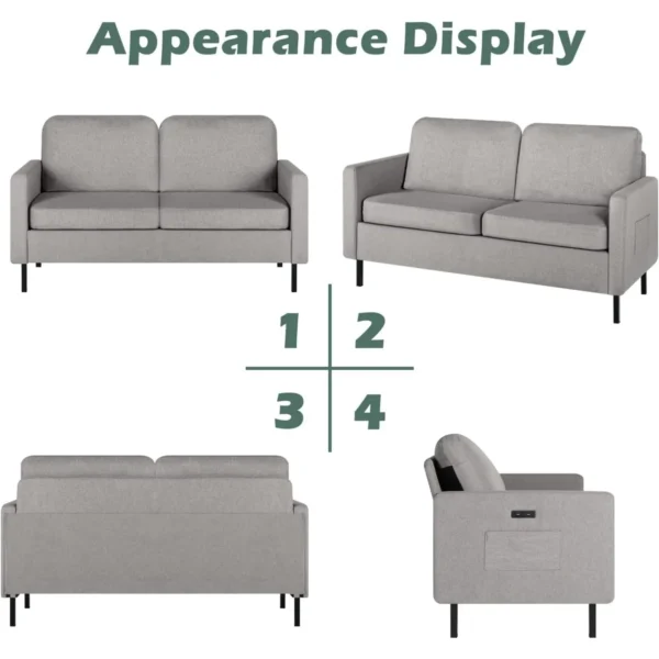 56" W Fabric Loveseat Sofa with 2 USB, Small Couches for Living Room, Bedroom, Office, Easy Assembly & Comfy Cushion, Light Grey - Image 4
