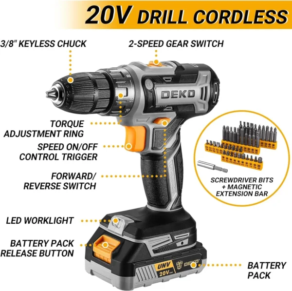 DEKO Cordless Drill Tool Kit Set: 20V Power Drill Tool Box with Battery Electric Drill Driver - Image 3