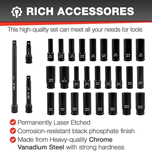 29pcs 1/2" Drive Deep Impact Socket Set with Extension Bar SAE Metric High Quality Chrome Vanadium Steel Rust Prevention - Image 4