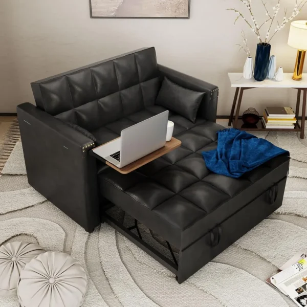Convertible Sofa Bed, 3-in-1 Multi-Functional Faux Leather Sleeper Couch Pull-Out Bed, 48'' Loveseat Bed Chaise Lounge