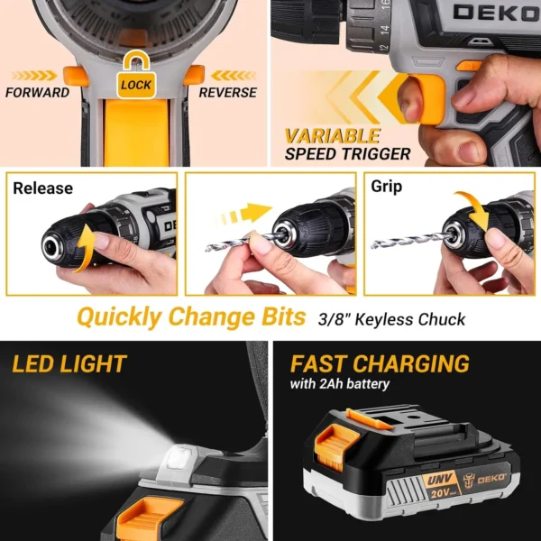 DEKO Cordless Drill Tool Kit Set: 20V Power Drill Tool Box with Battery Electric Drill Driver - Image 4