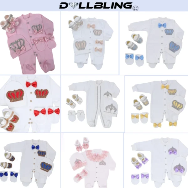 Dollbling Royal Bling Jewelry Crown Gift Clothing Sets Welcome Home Baby Rompers Mittens Bonnet Pajamas Outfit 4pcs Layette - Image 4