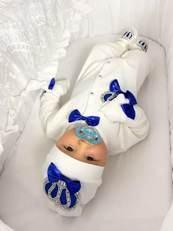 Dollbling Royal Bling Jewelry Crown Gift Clothing Sets Welcome Home Baby Rompers Mittens Bonnet Pajamas Outfit 4pcs Layette - Image 5