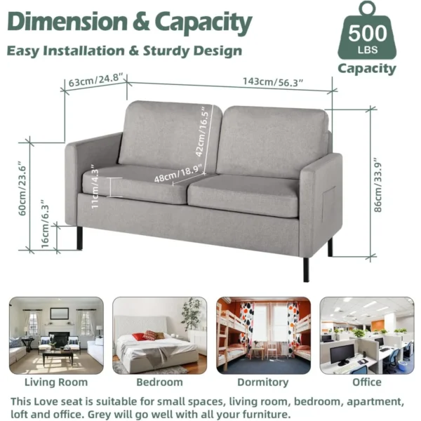 56" W Fabric Loveseat Sofa with 2 USB, Small Couches for Living Room, Bedroom, Office, Easy Assembly & Comfy Cushion, Light Grey - Image 3