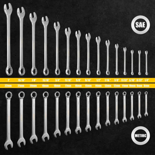 DEKOPRO Combination Wrench Set, SAE&Metric, 30-piece, 1/4'' to 1'' & 8-22mm, 12-Point, Chrome Vanadium Steel, with Plastic Tray - Image 2