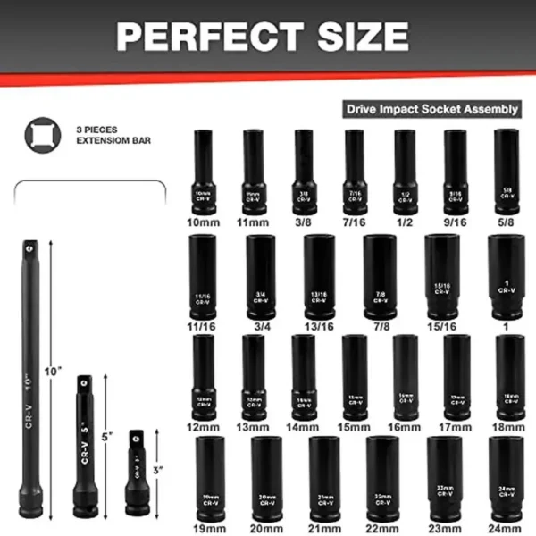 29pcs 1/2" Drive Deep Impact Socket Set with Extension Bar SAE Metric High Quality Chrome Vanadium Steel Rust Prevention - Image 2