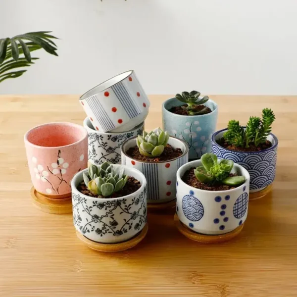 Flower Pot with Bamboo Tray Japanese Style Ceramic Lot Mini Cement Succulent Bonsai Planter Garden Decor Office Home Plant - Image 4