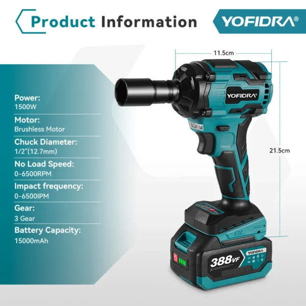 YOFIDRA 1000N.m Brushless Electric Impact Wrench High Torque 1/2 inch Screwdriver Wrench Drill Socket Set for Makita 18V Battery - Image 2
