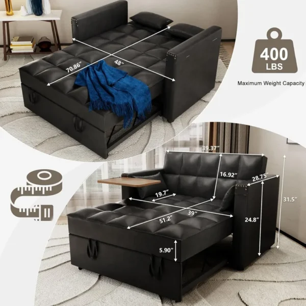 Convertible Sofa Bed, 3-in-1 Multi-Functional Faux Leather Sleeper Couch Pull-Out Bed, 48'' Loveseat Bed Chaise Lounge - Image 2