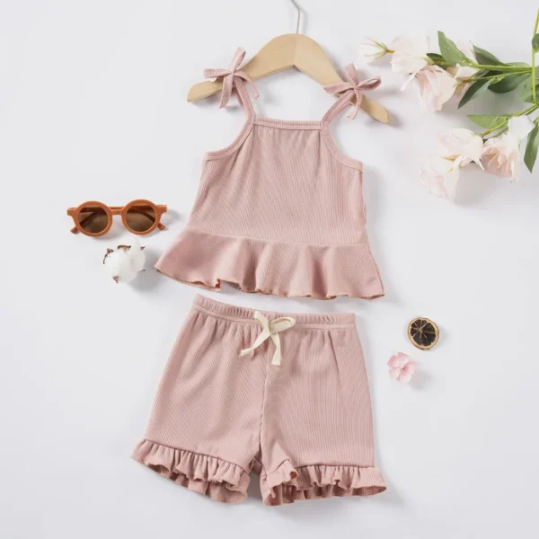 Summer children's set,bow decorated suspender with ruffled edge top, comfortable shorts, soft and comfortable fabric casual set - Image 2